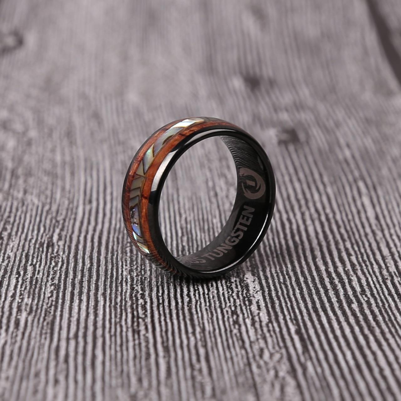 Black Tungsten Abalone and Koa Wood Ring
