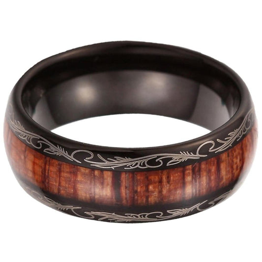 Black Leaf Motif Koa Wood Tungsten Ring